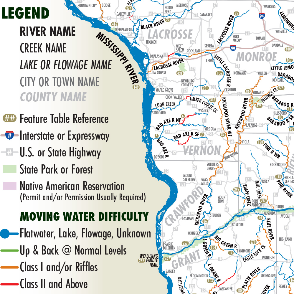 Wisconsin Rivers Waterproof Map   Wisconsin Rivers 11x17 Closeup 